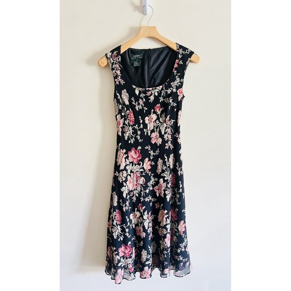 VINTAGE Lauren RALPH LAUREN Silk Slip Midi Dress Floral Black 2 90’s Y2K Cottage - Picture 1 of 3